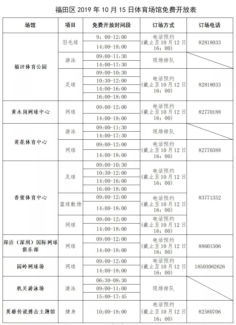 【公益开放】10月15日，福田区运动场馆免费订场来啦！