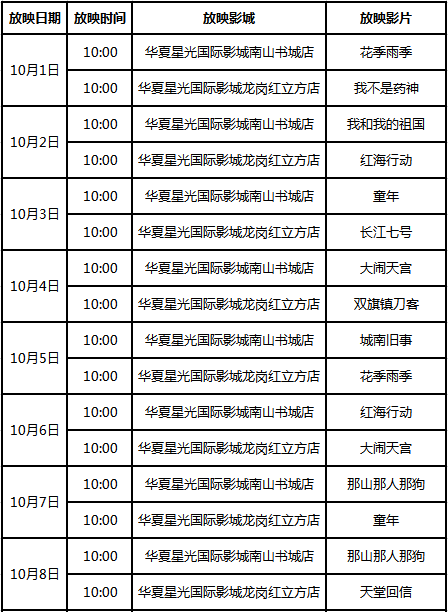 深圳市公益电影未成年人专场放映活动10月排期来了