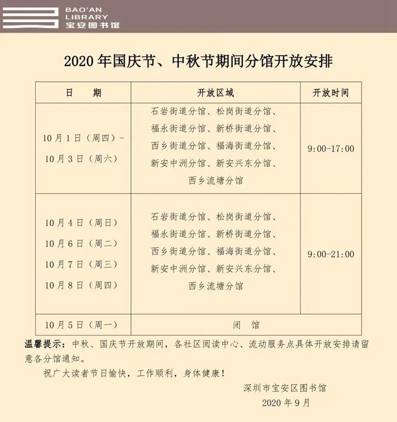 020深圳各区图书馆“双节”开放时间表"