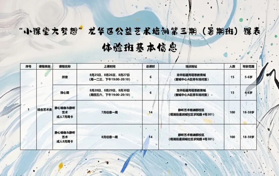 【免费培训】龙华区2025年公益艺术培训第三期（暑期班）报名啦！