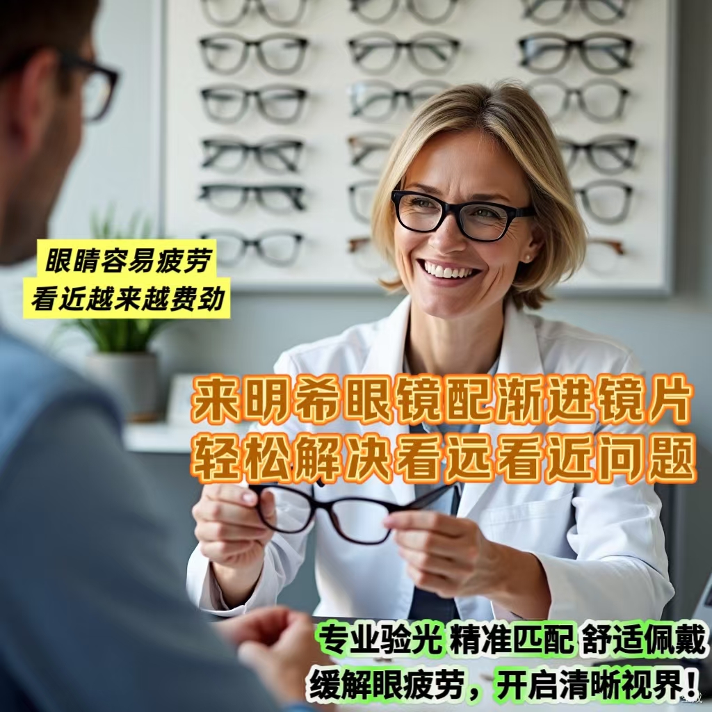 【明希眼镜工厂直营】免费筛查视力，专做蔡司，豪雅，依视路，明月，万新，柯达等各大品牌镜片！
